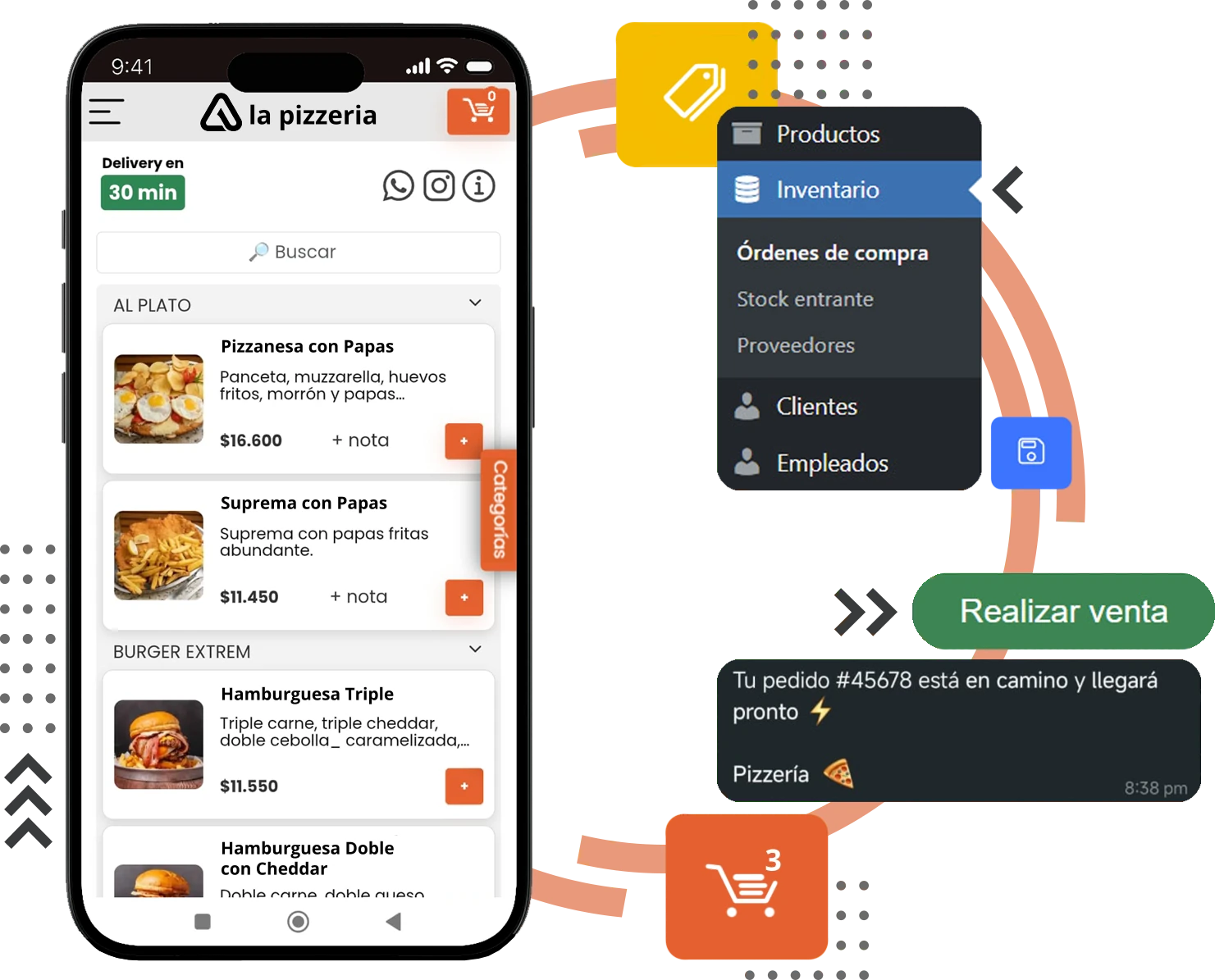 Interfaz de la aplicación Dano's Click mostrando compatibilidad y gestión operativa para múltiples tipos de comercios como restaurantes, kioscos y supermercados.